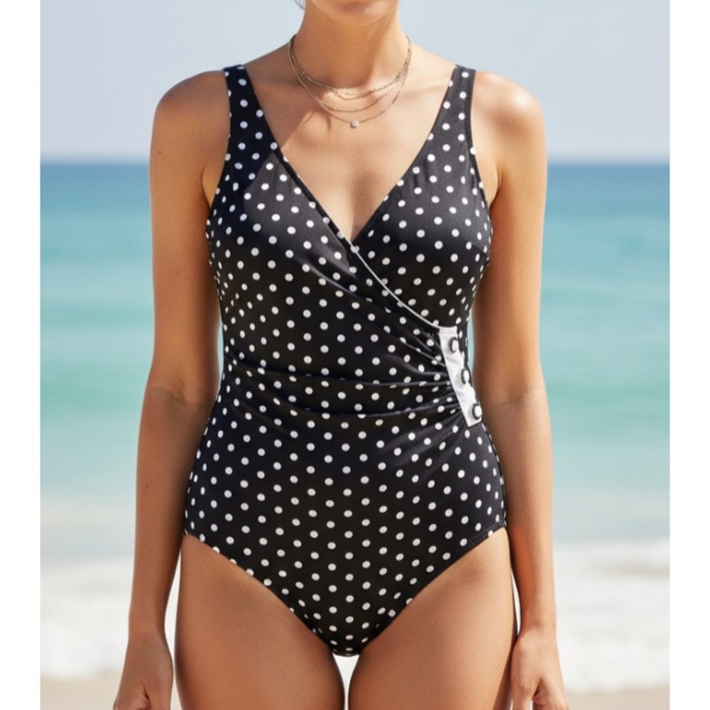 Vtg ILLUSIONS by CATALINA SWIMSUIT Black/White Polka-Dot 1-Piece Bullet Bra 10